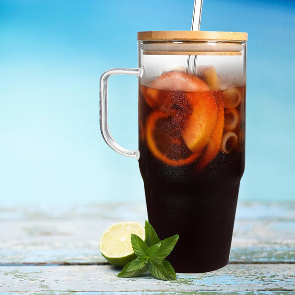 ANOTION Glass Cups with Lids and Straws - 40 Oz Tumbler with Handle and Straw Glass Water Bottles Drinking Glasses with Straws Iced Coffee Cups