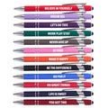 Funny Pens - 12 Pack Fine Point Smooth Writing Pens with Inspirational Tips, Black Ink, Touch Stylus Screens, Motivational Gift for Office & Desk