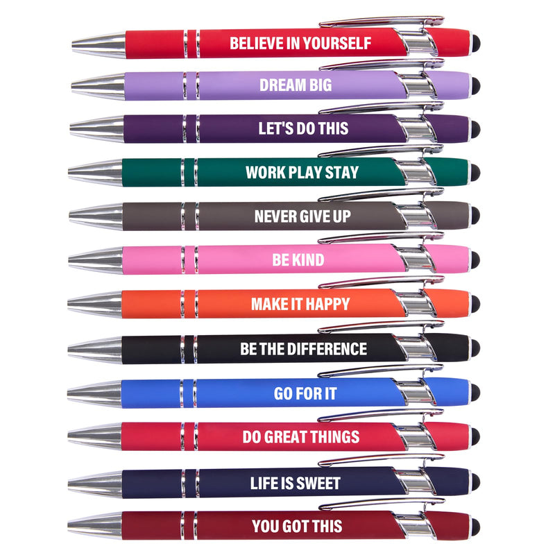 Funny Pens - 12 Pack Fine Point Smooth Writing Pens with Inspirational Tips, Black Ink, Touch Stylus Screens, Motivational Gift for Office & Desk