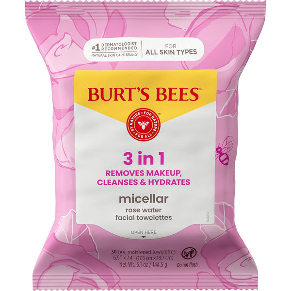 Burt'S Bees Rose Water Face Wipes, for All Skin Types, Hydrating Micellar Makeup Remover & Facial Cleansing Towelettes, 30 Ct (3-Pack)