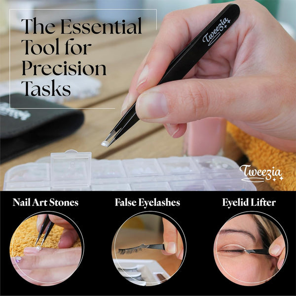 TWEEZIA Stainless Steel Tweezer Set - 4 Precision Tweezers with Mirror & Leather Case - Ideal Eyebrow Kit, Ingrown Hair Tweezers, Splinter Removal