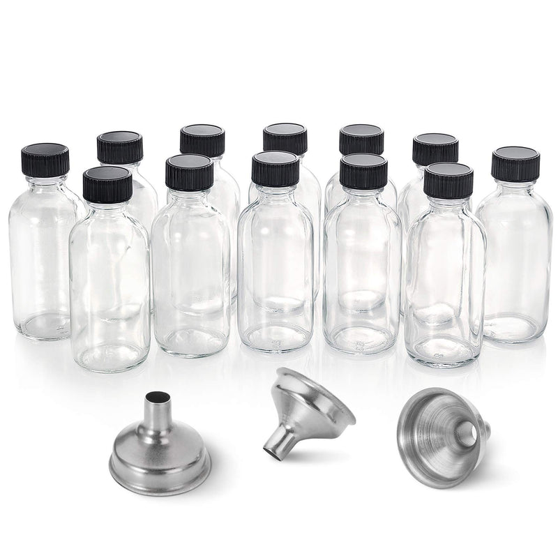 AOZITA 12 Pack, 2 Oz Small Clear Glass Bottles W/Lid & 3 Funnels - 60Ml Boston Shot Bottles for Health, Immunity, Potion, Wellness, Sample,