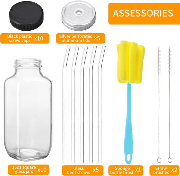 CUCUMI 10Pcs 16Oz Glass Juice Bottles with Lids, Reusable Juice Containers Drinking Jars Water Cups with Brush, Glass Straws, Lids with Hole