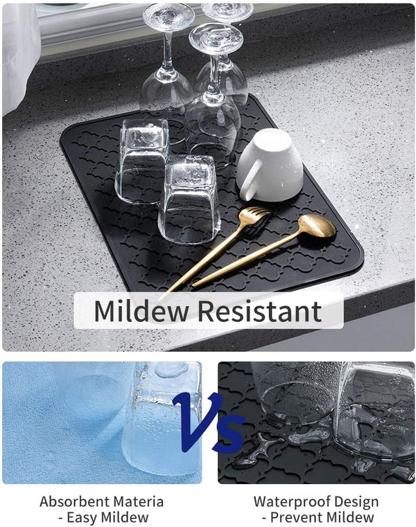 AMOAMI Dish Drying Mats for Kitchen Counter - Silicone Dish Drying Mat - Heat Resistant Mat - Black (16" X 18)