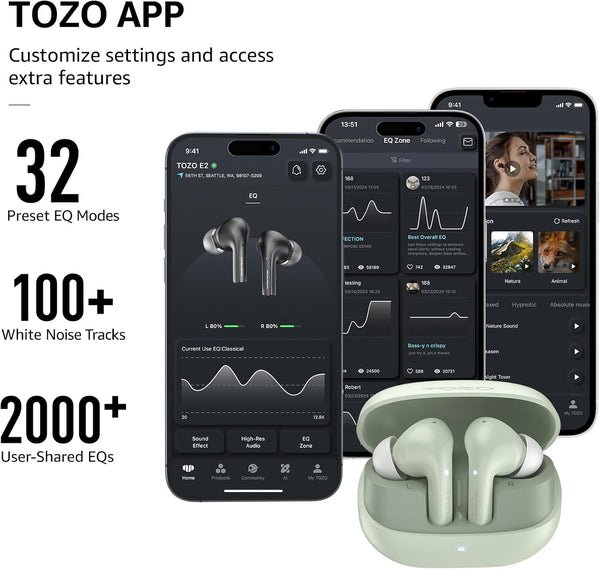 TOZO E2 Wireless Earbuds 10Mm Drivers with Powerful Bass, App Customize 32 Eqs, with 2 Mics AI Call Noise Cancellation, 30H Playtime, Bluetooth
