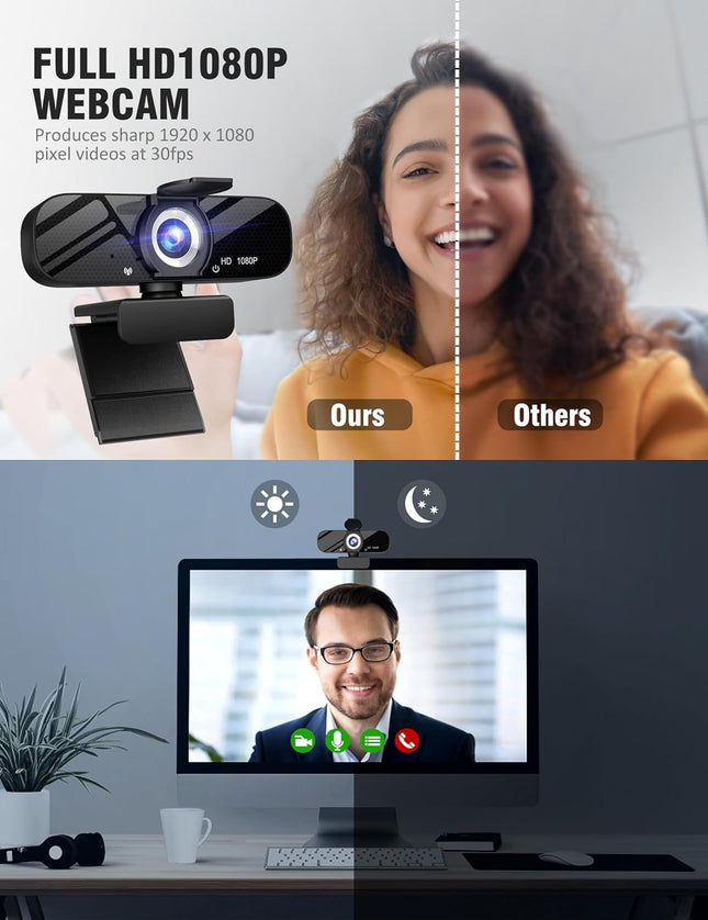 Full HD 1080P Webcam with Microphone, Wide Angle, Rotatable Tripod, Privacy Cover