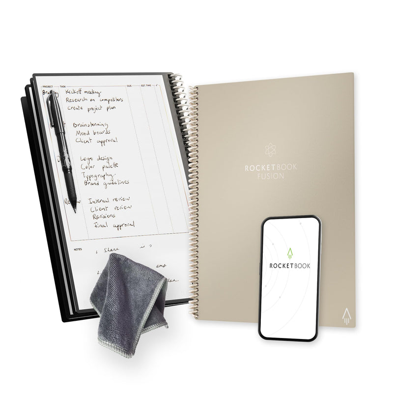 Rocketbook Fusion Reusable Undated Productivity Planner, Letter Size 8.5X11, Beige - Goals, Monthly and Weekly Calendar, Daily To-Do List, Lined