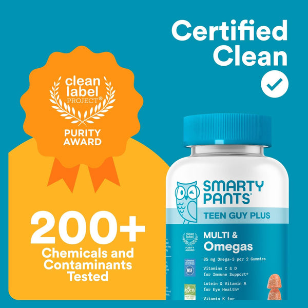 Smartypants Teen Guy Multivitamin Gummies - Improved Formula: Omega 3 (DHA/EPA), Vitamin D3, C, Vitamin B12, B6, A, K & Zinc, Folate, Gluten Free,