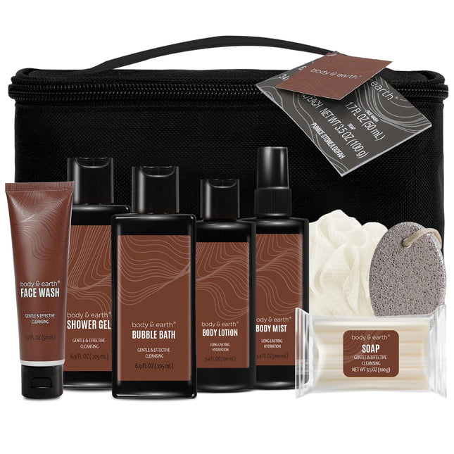 Body & Earth Bath and Body Wash Sets for Men - 8pcs Spa Baskets Mens Birthday Gifts Sandalwood, Self Care Kit, Husband M