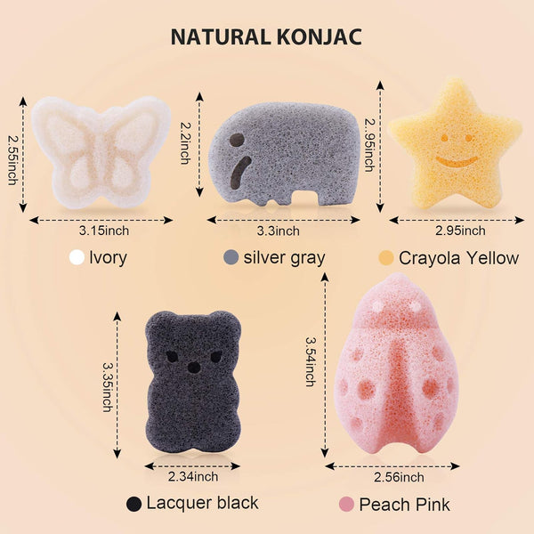 Konjac Baby Sponge for Bathing, Kids Bath Sponges for Infants, Toddler Bath Time, Cute Shapes and Safe Plant-Based Konjac Baby Bath Accessories, 5Pcs