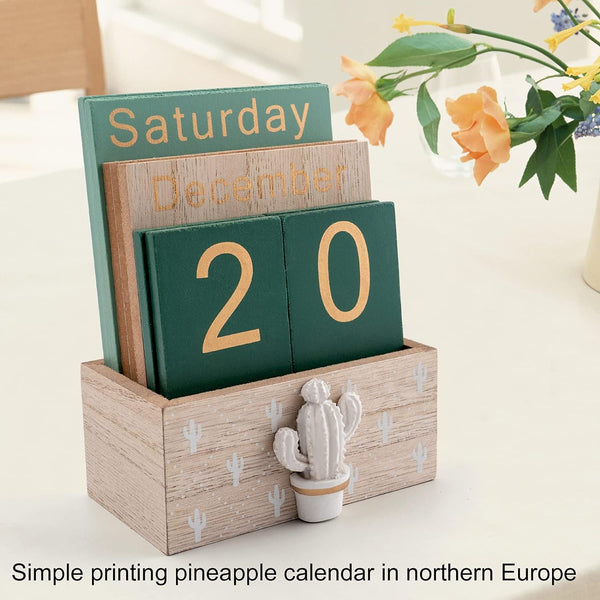 Notakia Perpetual Calendar, Wooden Calendar for Home Office Desk Accessories Vintage Wood Block Calendar(Green) Green cactus