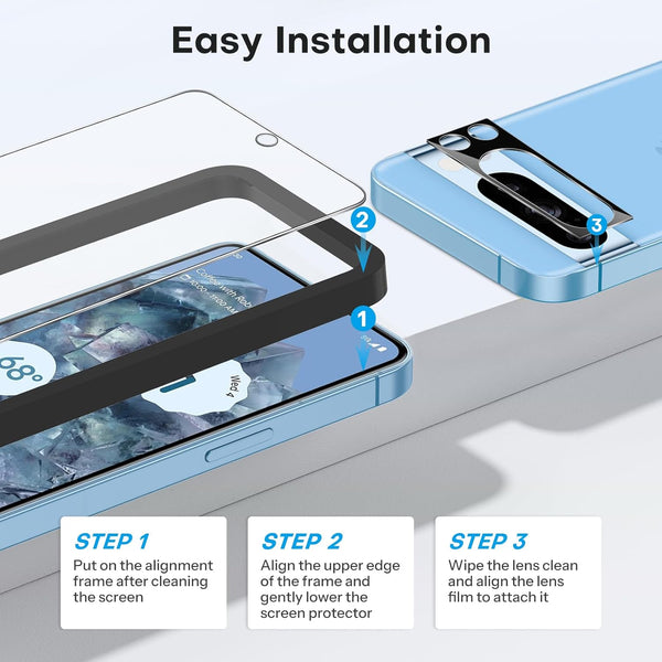 OMOTON for Pixel 8 Pro Screen Protector, 3 Pack for Pixel 8 Pro Tempered Glass, 3 Camera Lens Protector, Fingerprint Sensitivity (6.7 Inch, 2023