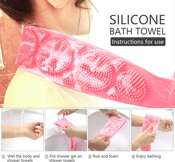 Back Scrubber for Shower,2 Pcs Silicone Back Scrubber for Shower, Silicone Exfoliating Bath Body Brush with Handle for Mens and Womens (Pink/Green)