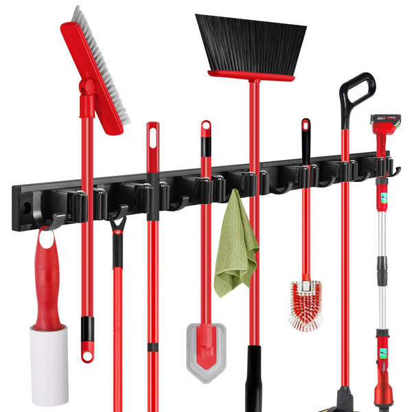 SLIIMU Movable 30'' Broom and Mop Holder Wall Mount with Sliding 7 Racks 8 Hooks, Storage Organizer Wall Hanger, Cleaning Tool Hanging Grippers