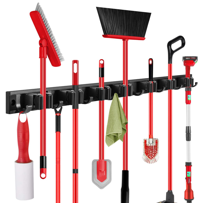 SLIIMU Movable 30'' Broom and Mop Holder Wall Mount with Sliding 7 Racks 8 Hooks, Storage Organizer Wall Hanger, Cleaning Tool Hanging Grippers