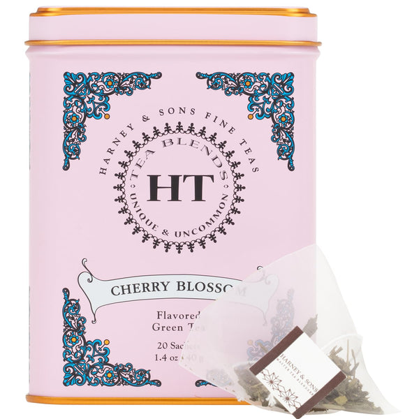 Harney & Sons Caffeinated Blossom Green Tea Tin Sachets Pink 31629, Cherry, 20 Count (Pack of 1)