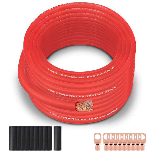 8 Gauge Wire (50FT Black) SGANGCAR True Spec Power Ground Wire Cable with 10 Lugs, 10 Heat Shrink Wrap,Copper Clad Aluminum Cca,For