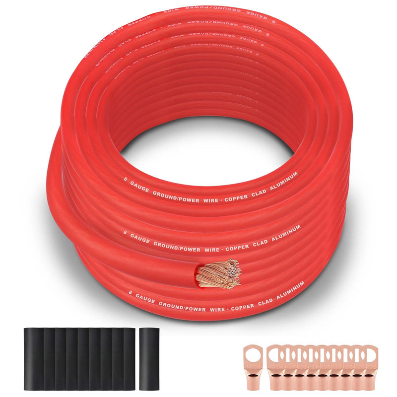 8 Gauge Wire (50FT Black) SGANGCAR True Spec Power Ground Wire Cable with 10 Lugs, 10 Heat Shrink Wrap,Copper Clad Aluminum Cca,For