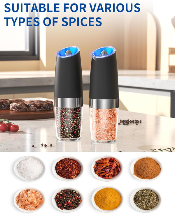 CIRCLE JOY Gravity Electric Salt and Pepper Grinder Set Automatic Salt and Pepper Grinder Set with LED Light, Battery Operated, Adjustable