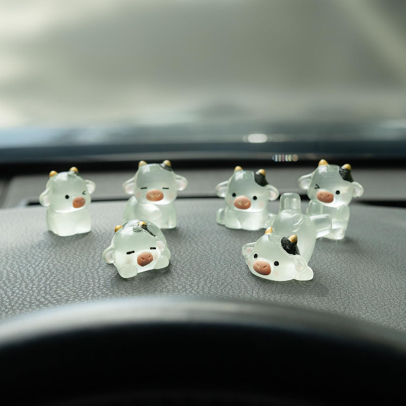 Luminous Cow Car Dashboard Decor, 6PCS Cute Cow Dash Decorations, Rear View Mirror Ornament, Interior Accessories