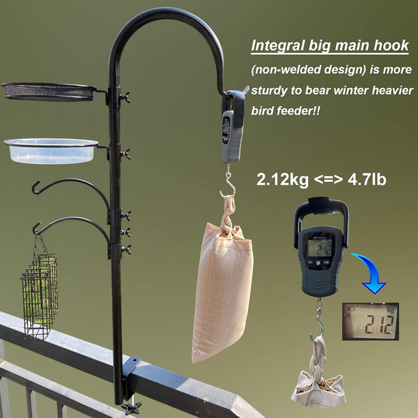 Upgraded Bird Feeding Station Kit,Deck Railing Mounted Birds Feeder Pole for Balcony with 3 Hooks,Bird Bath,Metal Mesh Tray and Suet