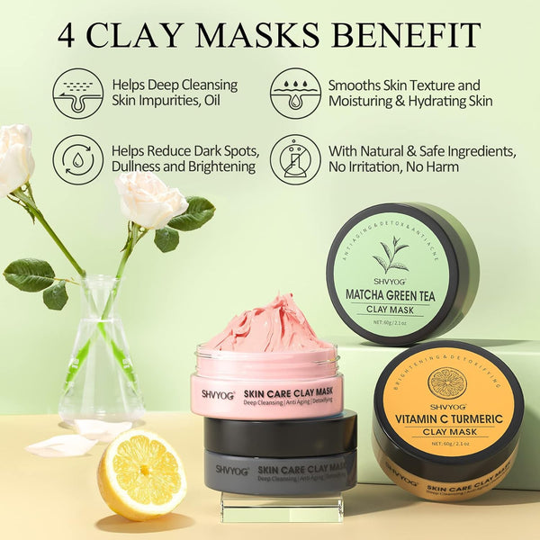 4 Pcs Clay Facial Mask Set - Turmeric, Vitamin C, Green Tea, Dead Sea Mud, and Rose Clay Skin Care Mask for Deep Cleansing, Moisturizing, and
