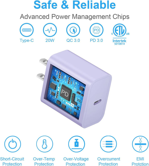 [2 Pack] Iphone 15 14 13 12 11 Charger Block, USB C Wall Charger 20W PD Power Adapter for Iphone 15/15Pro/15Pro Max/15Plus/14/13/12/11/X, Ipad-Purple
