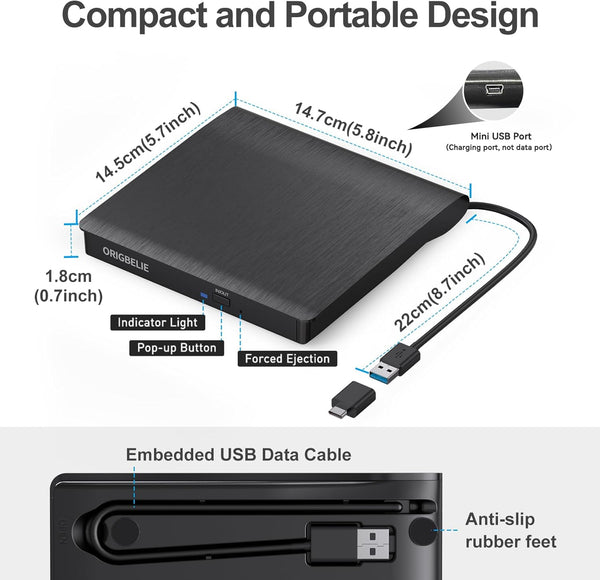 External CD/DVD Drive for Laptop, USB 3.0 CD Burner +/-RW CD ROM External DVD Drive Portable DVD Player for Laptop Desktop PC Apple Mac Windows