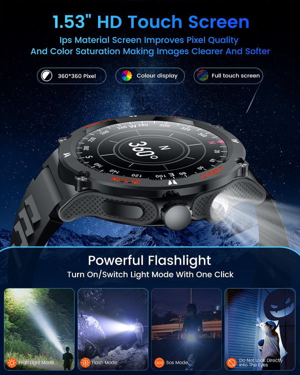 Smartwatch Men Fitness Tracker Watch: Smart Watches 1.53" round Touchscreen 3ATM Waterproof LED Flashlight Bluetooth Call Heart Rate Blood