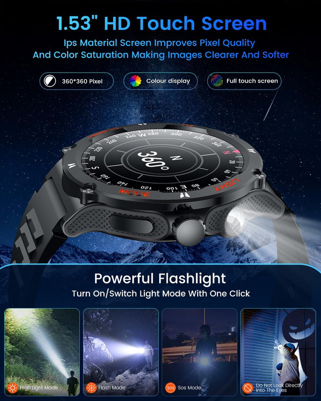 Smartwatch Men Fitness Tracker Watch: Smart Watches 1.53" round Touchscreen 3ATM Waterproof LED Flashlight Bluetooth Cal