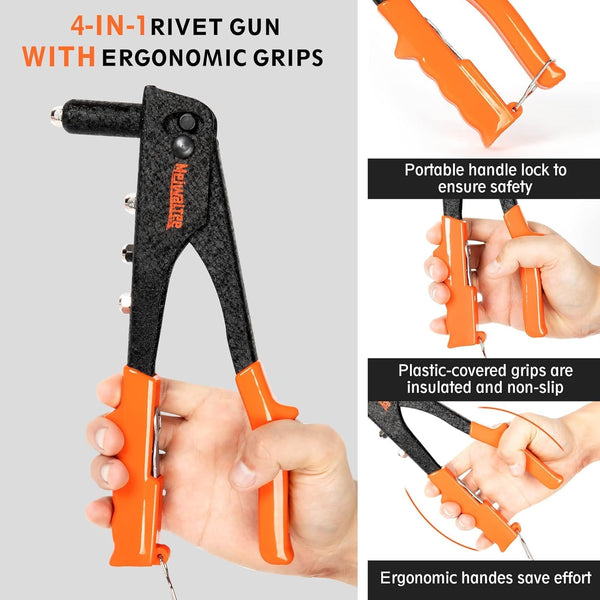 Meiwaltee Rivet Gun,Professional Pop Rivet Gun Kit with 200Pcs Rivets, 3/32"-1/8"-5/32"-3/16", Heavy Hand Riveter Kit Suitable for Metal Work,