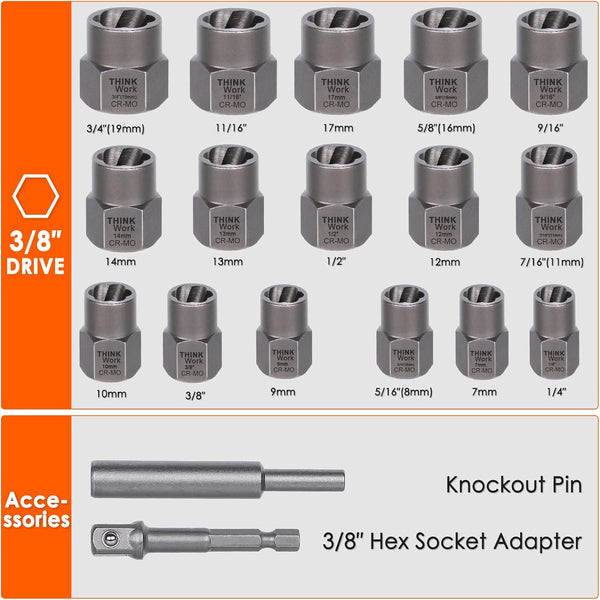 THINKWORK Bolt Extractor Kit, 18-Piece Nut Extractor Socket Set, 3/8" Drive Rounded Bolt Remover, Lug Nut Removal Tool for Damaged, Rusted,