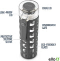 Ello Syndicate 20Oz Reusable Glass Water Bottle with One-Touch Leak Proof Flip Lid and Protective Non-Slip Silicone Sleeve and Carry Loop for