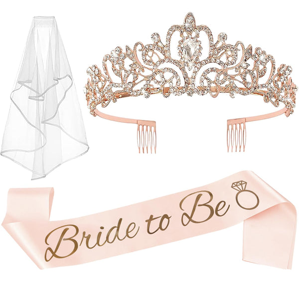 JETKONG 3 Pcs Bachelorette Party Decorations Bridal Shower Crown, Bride to Be Sash&Veil for Women Bachelorette Party Gifts, Bachelorette Party