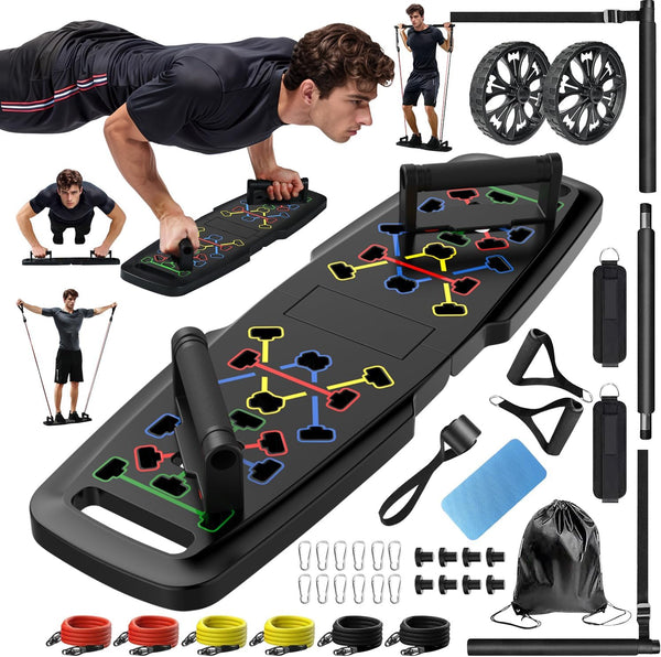 Push up Board,Home Gym,Portable Exercise Equipment,Pilates Bar and 20 Fitness Accessories with Resistance Bands and Ab Roller Wheel,Full Body