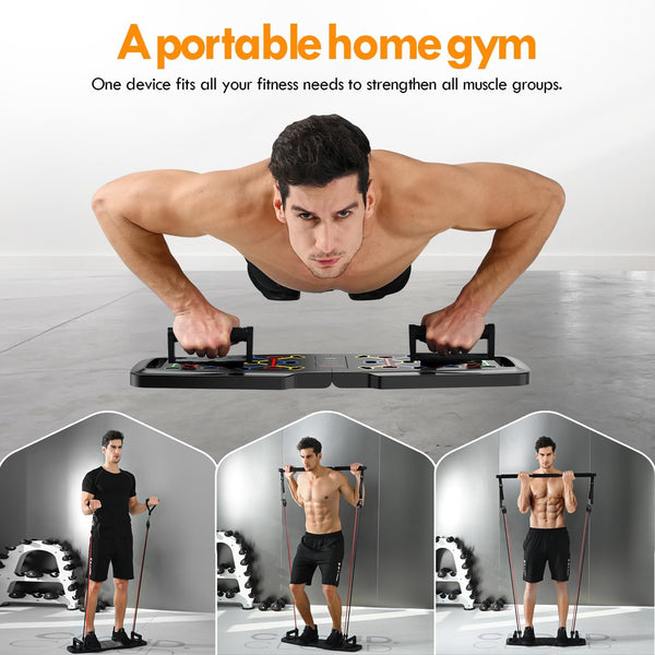 Push up Board,Home Gym,Portable Exercise Equipment,Pilates Bar and 20 Fitness Accessories with Resistance Bands and Ab Roller Wheel,Full Body