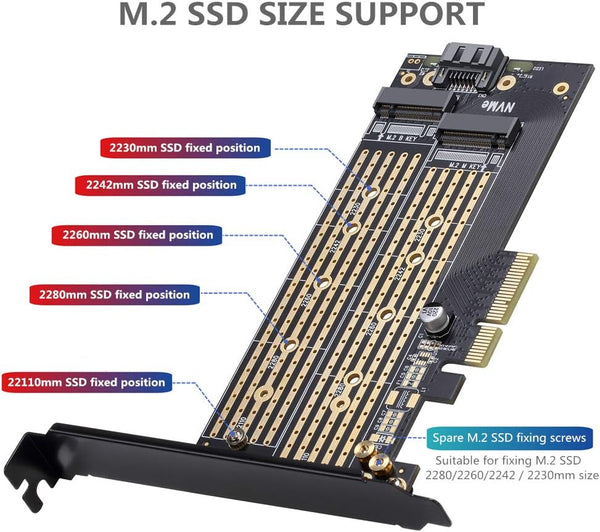 Dual M.2 PCIE Adapter for SATA or PCIE Nvme SSD with Advanced Heat Sink Solution,M.2 SSD NVME (M Key) and SATA (B Key) 22110 2280 2260 2242 2230