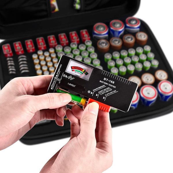 Comecase Hard Battery Organizer Storage Box, Carrying Case Bag Holder - Holds 148 Batteries AA AAA C D 9V - with Battery Tester BT-168 (Batteries