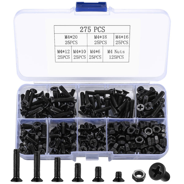 M4 Flat Head Machine Screws and Nuts Kit, 275 Pcs Black Countersunk Head Phillips Screws Bolts Hex Nuts Assortment Kit - M4 X 6Mm/ 10Mm/ 12Mm/