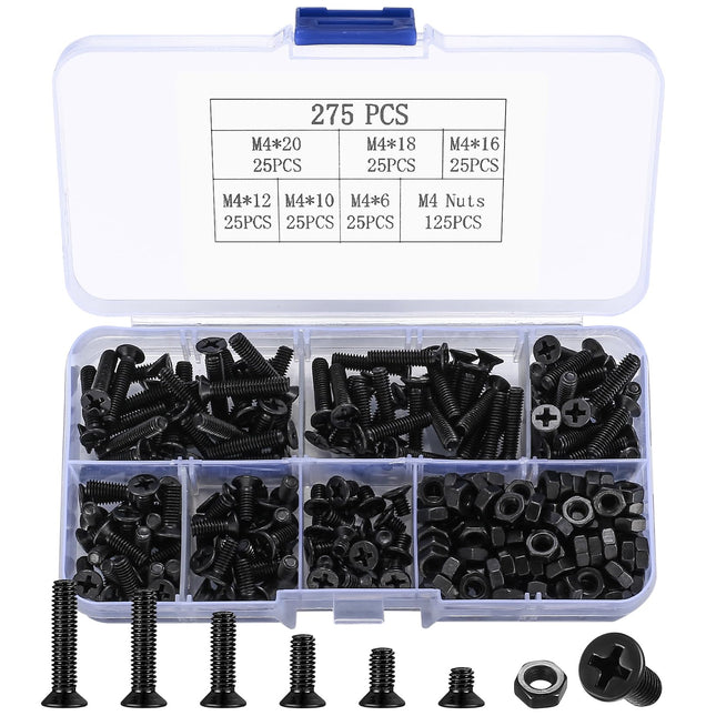 M4 Flat Head Machine Screws and Nuts Kit, 275 Pcs Black Countersunk Head Phillips Screws Bolts Hex Nuts Assortment Kit -