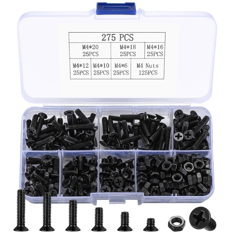 M4 Flat Head Machine Screws and Nuts Kit, 275 Pcs Black Countersunk Head Phillips Screws Bolts Hex Nuts Assortment Kit - M4 X 6Mm/ 10Mm/ 12Mm/