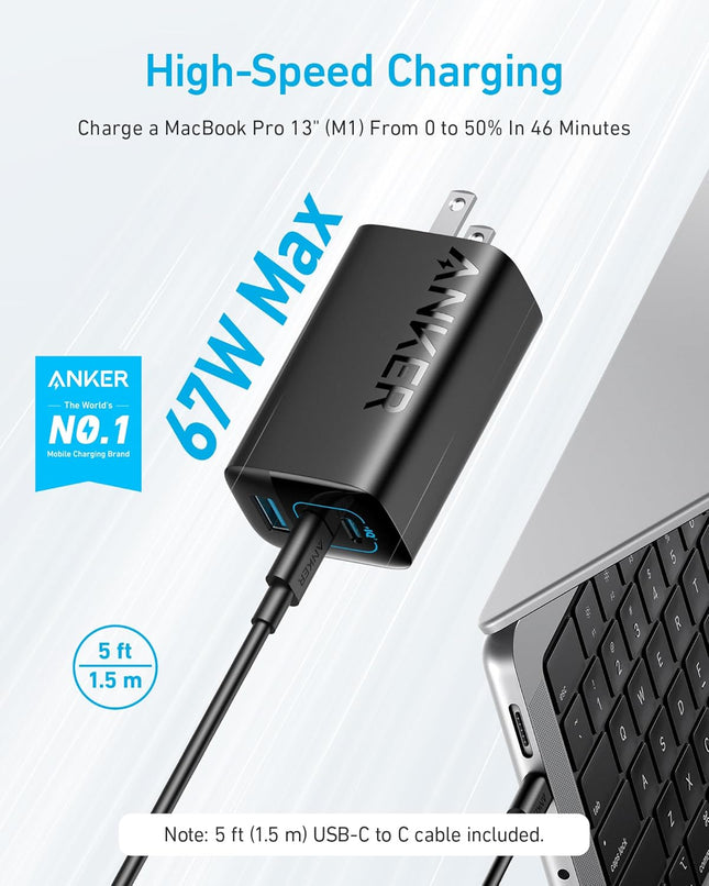 Anker 67W USB C Charger, 3 Port PIQ 3.0 Compact and Foldable Fast Charger for Macbook Pro, Ipad, Galaxy, Iphone and More