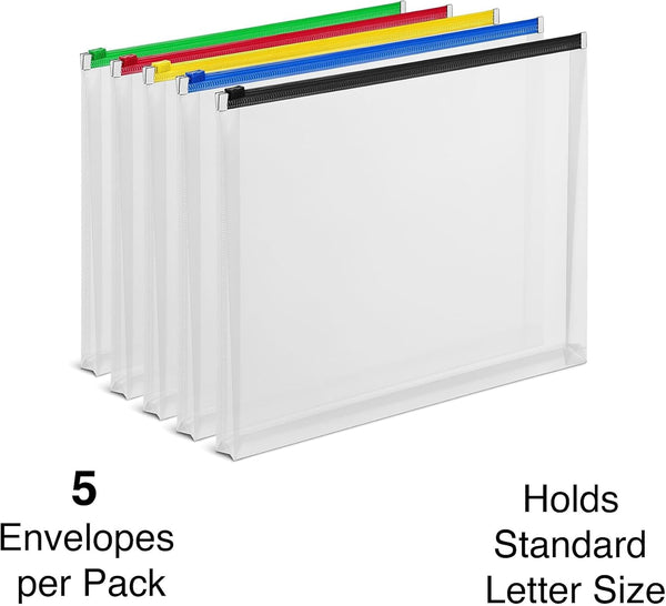 Staples 344890 Poly Zip Envelopes Letter Size Clear with Assorted Zippers 5/PK