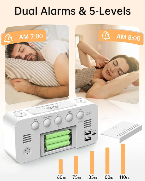 RGB Digital Mirror Alarm Clock, 15 Dynamic Color & 7" Large Screen, 7-Color Night Light, 2 USB Charger, 2 Loud Alarm,4 Dimmable Level,Battery