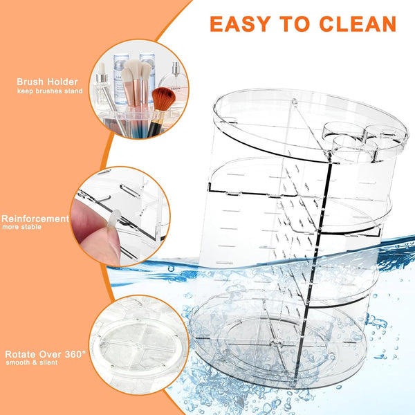 Rotating Makeup Organizer, DIY 8 Adjustable Layers Spinning Skincare Organizer, Cosmetic Display Case with Brush Holder Perfume Tray,