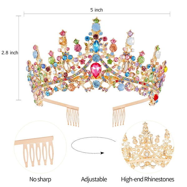 Velscrun Colourful Crystal Birthday Queen Tiara Crown for Women Girls Birthday Queen Headband Sash Elegant Princess Crown with Combs Hair