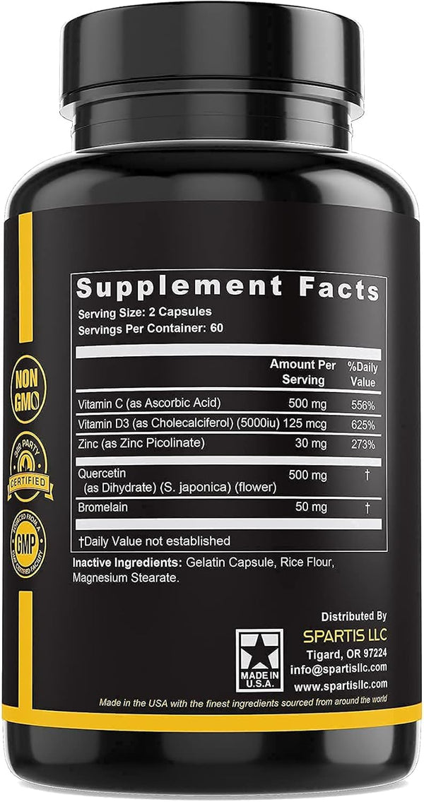Zinc Quercetin 500Mg with Vitamin C Vitamin D3 Bromelain Immune Support High Potency Quercetin Zinc Supplement ZQV by SPARTIS (Pack of 1 Bottle at