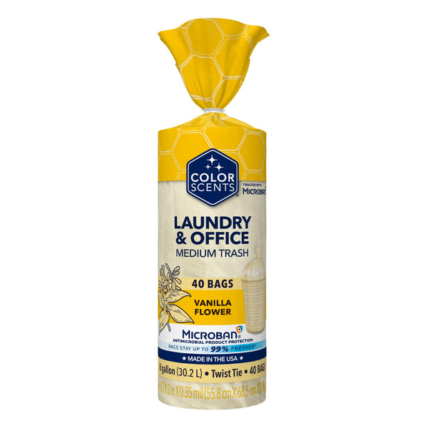 Color Scents Medium Trash Bags - 8 Gallon, 40 Bags (1 Pack of 40 Count), Twist Tie - Ivory Bag in Vanilla Flower Scent with Microban