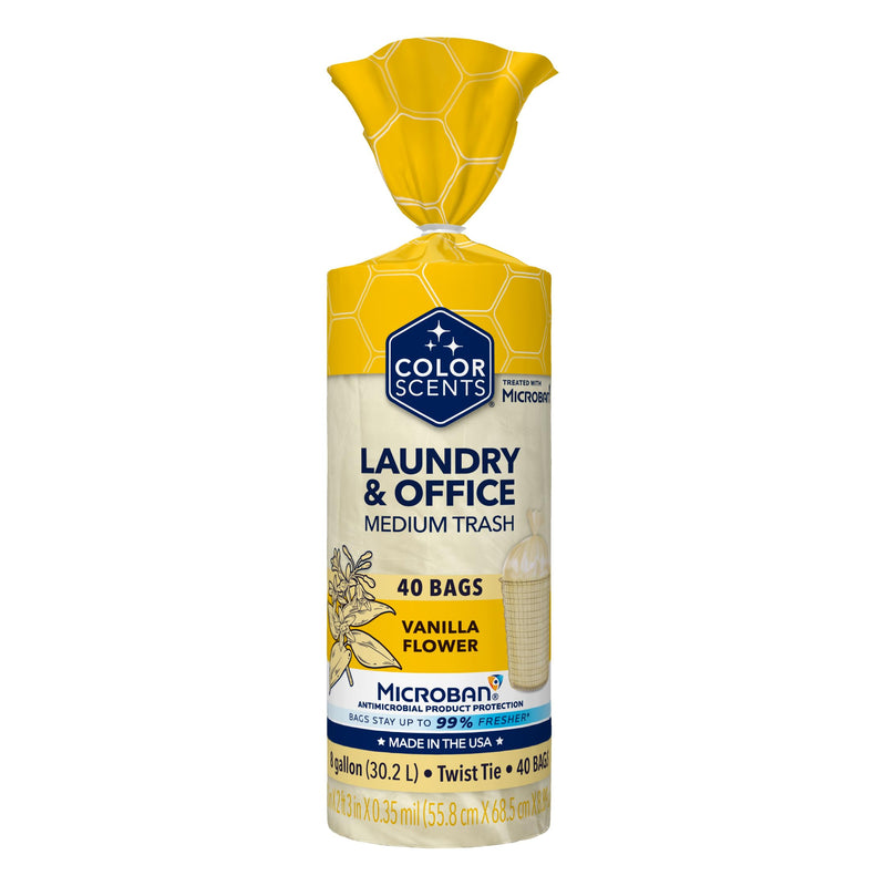 Color Scents Medium Trash Bags - 8 Gallon, 40 Bags (1 Pack of 40 Count), Twist Tie - Ivory Bag in Vanilla Flower Scent with Microban
