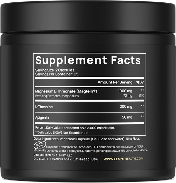 ELMNT Triple Sleep Magnesium Threonate W. Apigenin, Theanine & Magtein Magnesium L-Threonate - Highest Absorption Magnesium Supplement Capsules